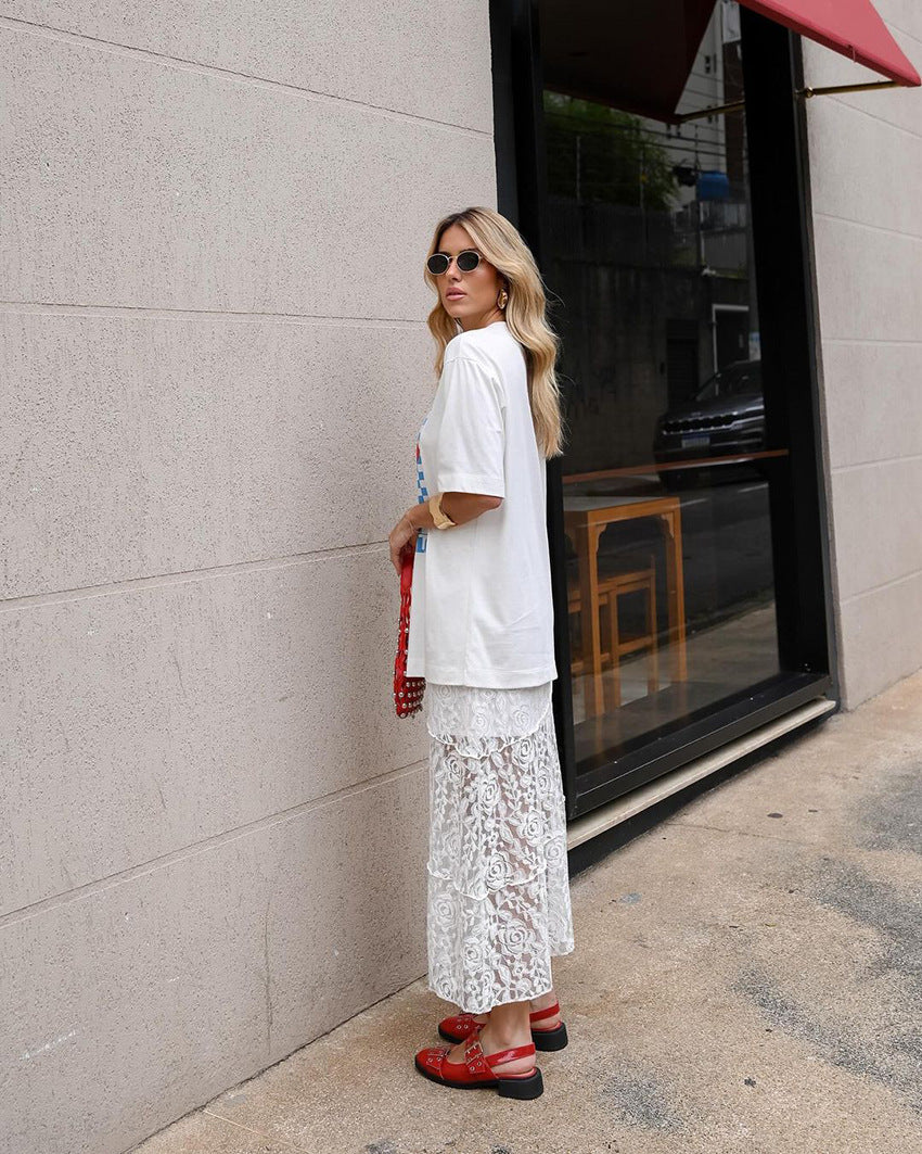 Summer White Lace Irregular High Waist Skirt for Women