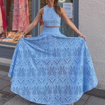 Women’s Lace Embroidered Hollow Two-Piece Midi Skirt Set
