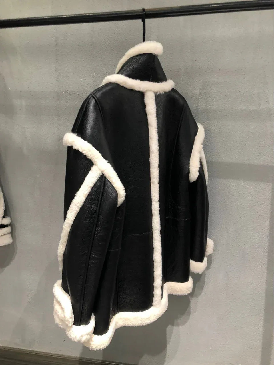 Shearling Leather Bomber Jacket With Fur Collar