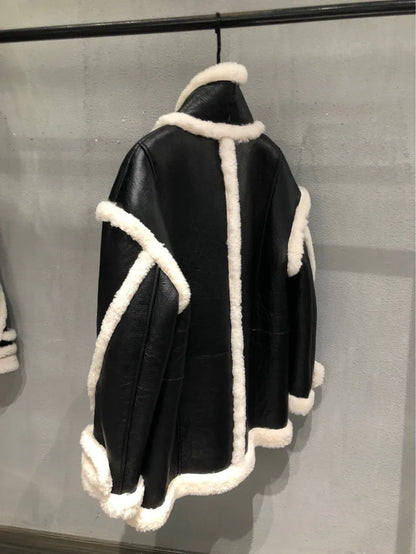 Shearling Leather Bomber Jacket With Fur Collar