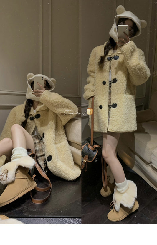 Women’s Full Wool Fur Coat Corn Yellow Shearling Winter Jacket