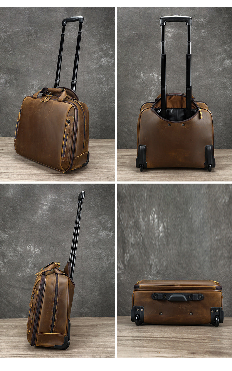 Real Leather Trolley Suitcase Carry-On with Wheels
