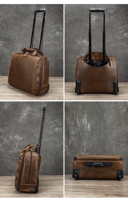Real Leather Trolley Suitcase Carry-On with Wheels