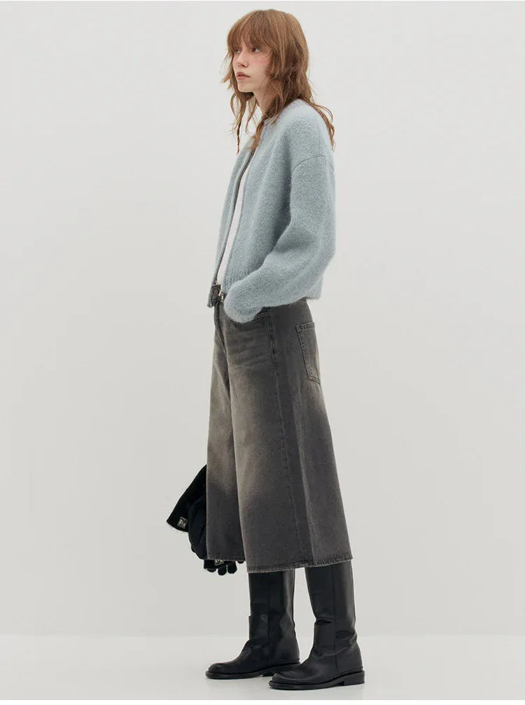 Women low waist zip cardigan knit outerwear