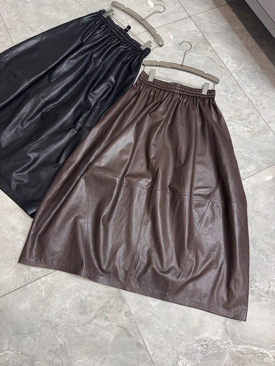 Women’s Leather Maxi Skirt Drawstring Long Skirt
