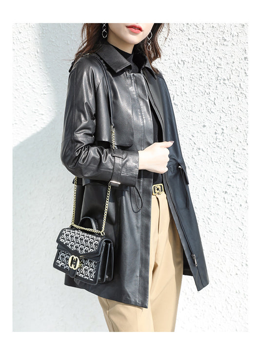 Women belt waist midi leather trench