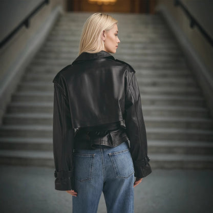 Women’s Faux Leather Belted Short Jacket Black Cropped