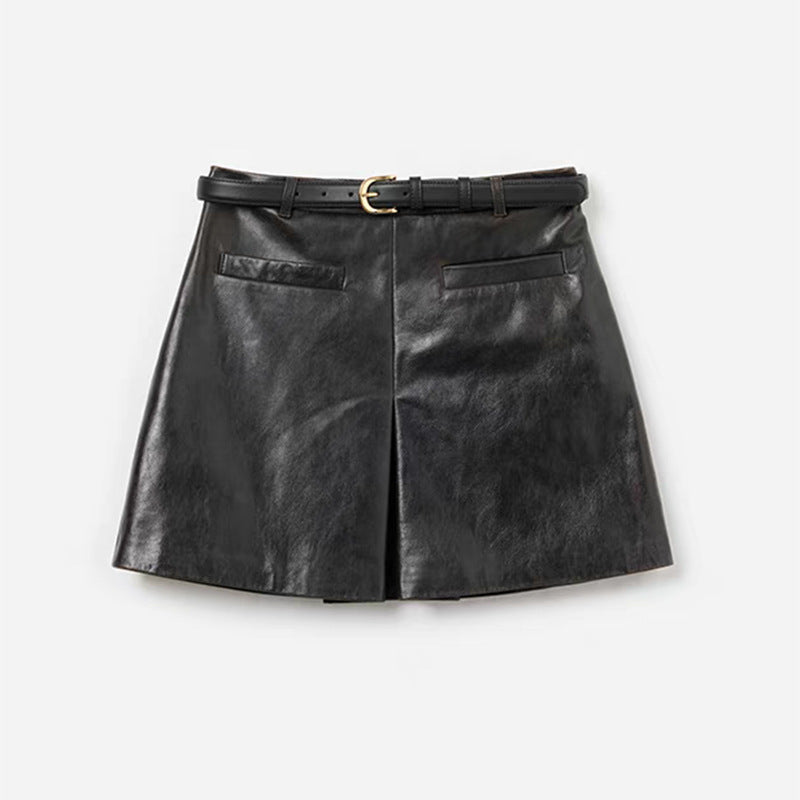 Women’s Black Leather Mini Skirt High Waist A-Line with Belt