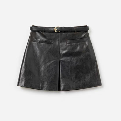 Women’s Black Leather Mini Skirt High Waist A-Line with Belt