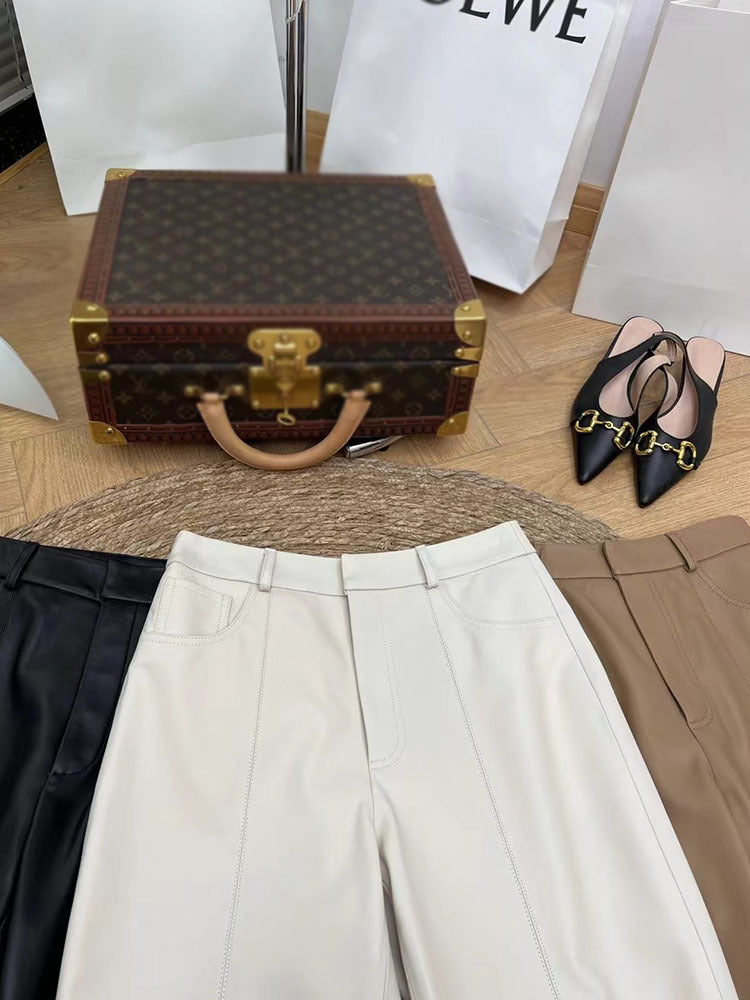 Women Leather Cropped Harem Straight Leg Pants