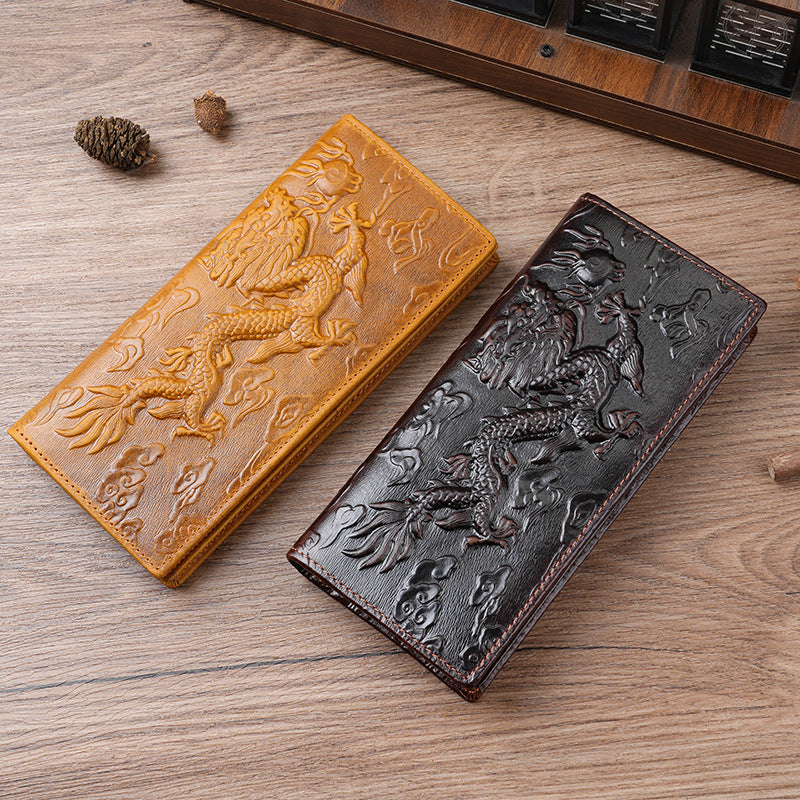 Men’s Genuine Leather Dragon Wallet with Long Card Storage