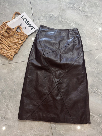 Women’s Genuine Leather High Waist Midi Skirt with Slit
