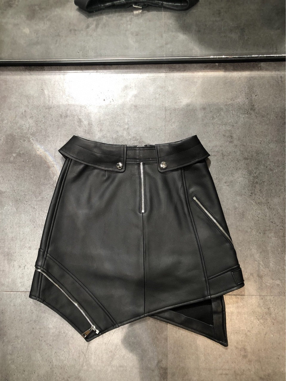 High-Waisted Irregular Hem Motorcycle Leather Mini Skirt