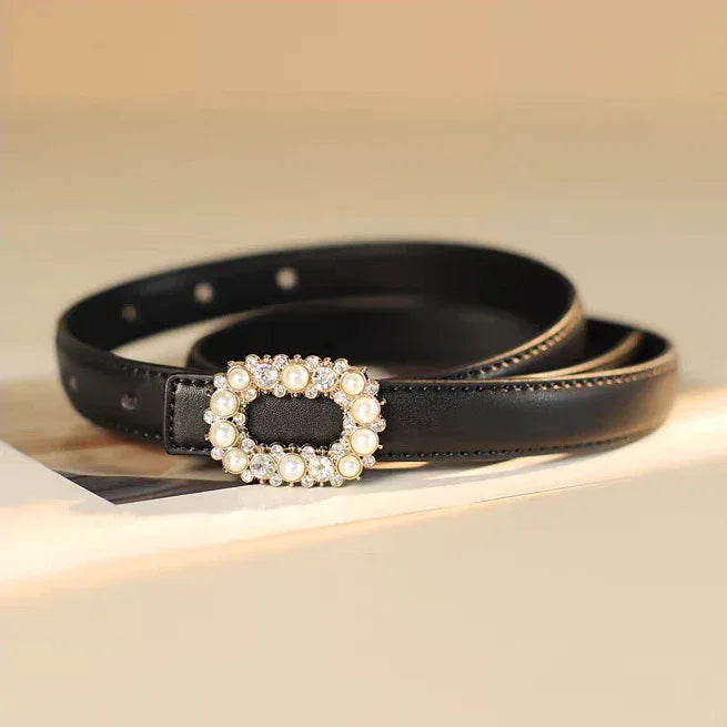 Women Pearl Buckle Split Cowhide Thin Leather Belt