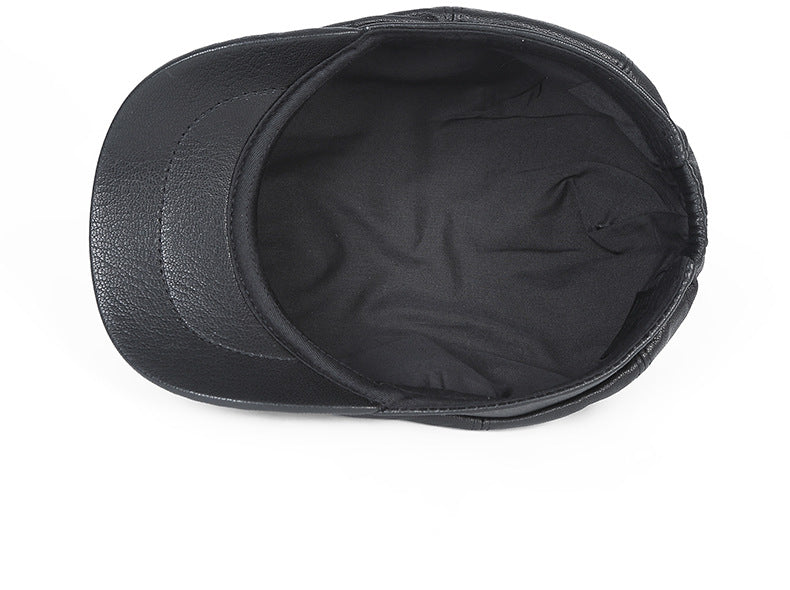 Men's leather newsboy cap with sheepskin