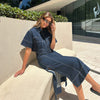Women’s Denim Two Piece Set Skirt with Slit and Pocket Shirt