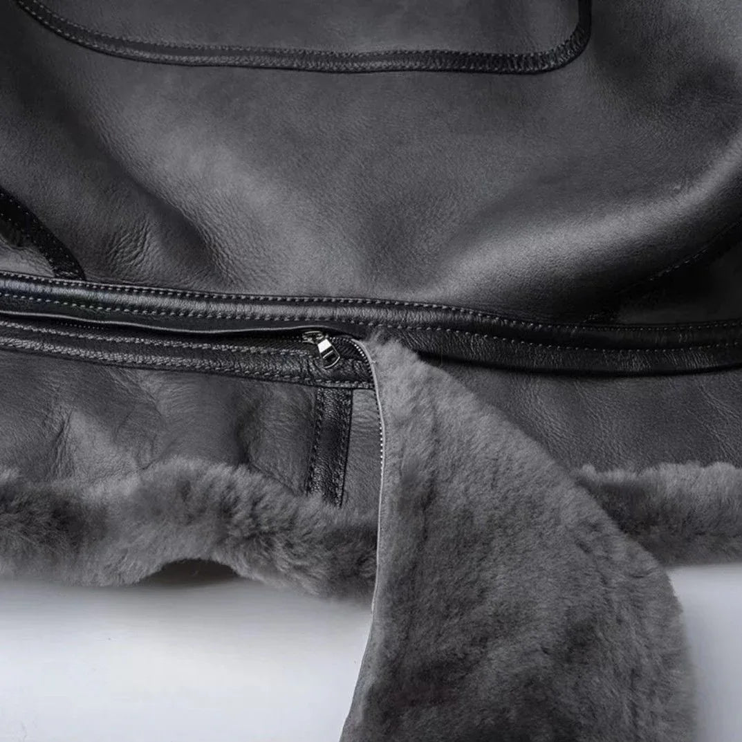 Men’s Real Shearling Fur Leather Winter Jacket with Hood