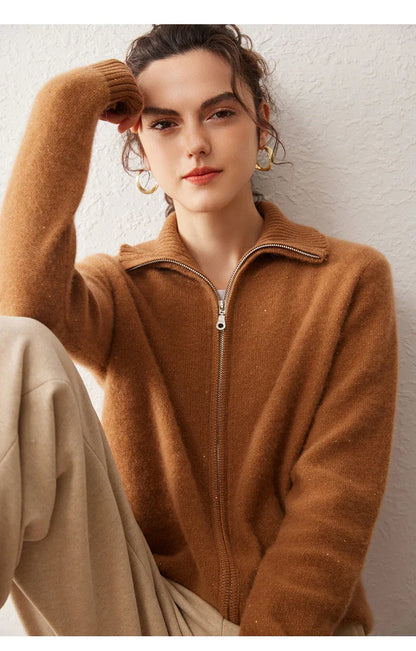 Women’s 100% Pure Cashmere Lapel Zip Cardigan