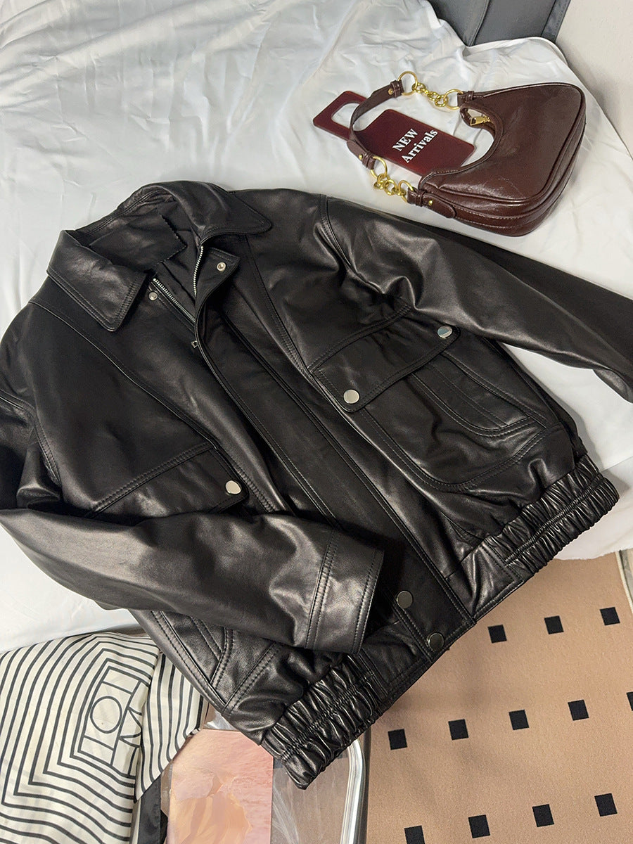 Retro black women leather flight jacket