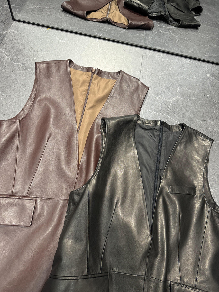 Women Oil-Waxed Genuine Leather V-Neck Vest Dress