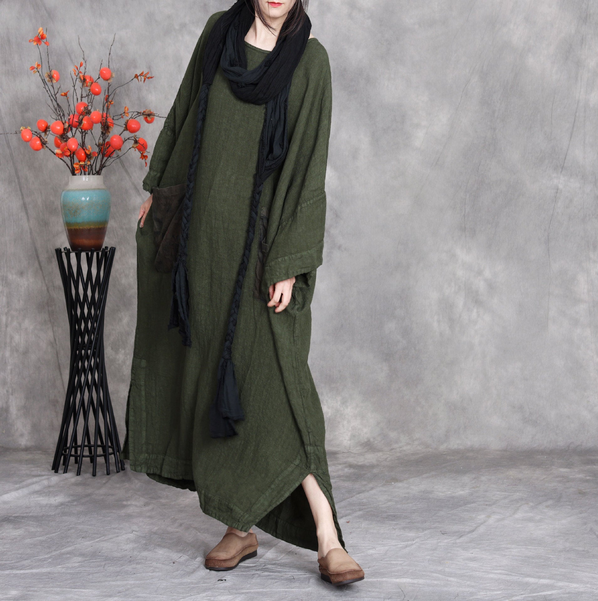 Plus size linen maxi dress loose long sleeve with pockets