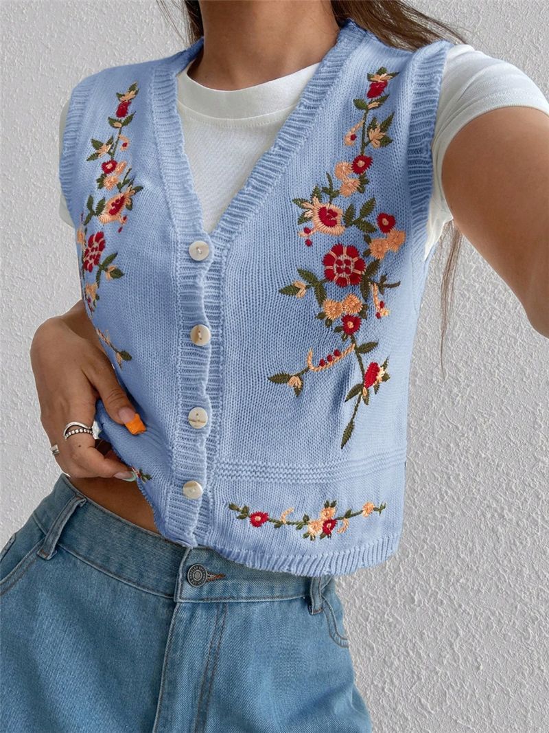 Embroidered Knitted Sweater Women’s Vest Floral Button Front Crop