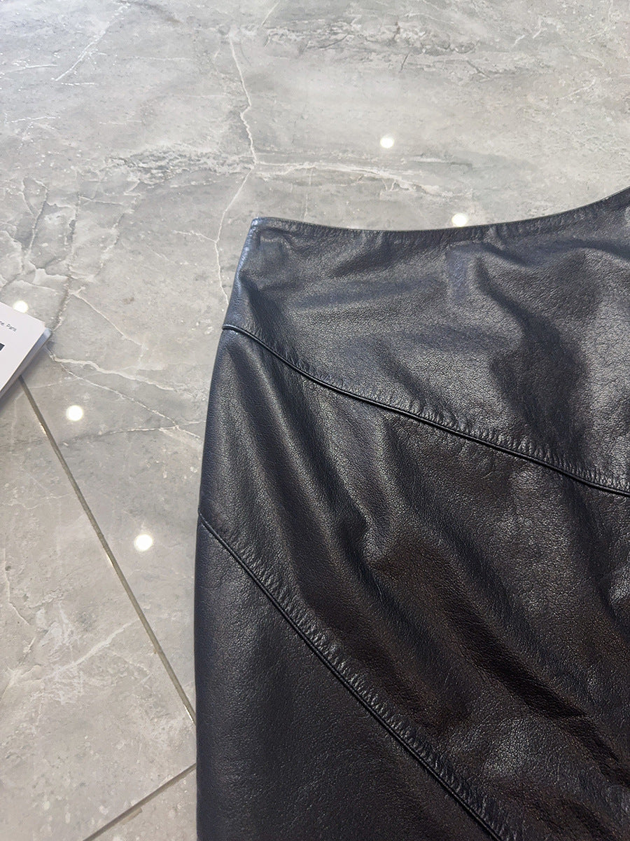 Women’s Genuine Leather High Waist Midi Skirt with Slit