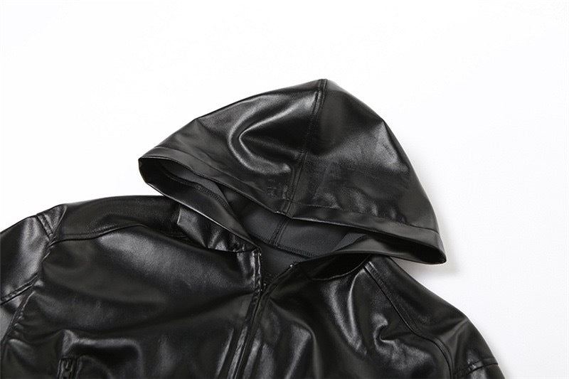 Women’s Faux Leather Cropped Hooded Jacket Short Bomber
