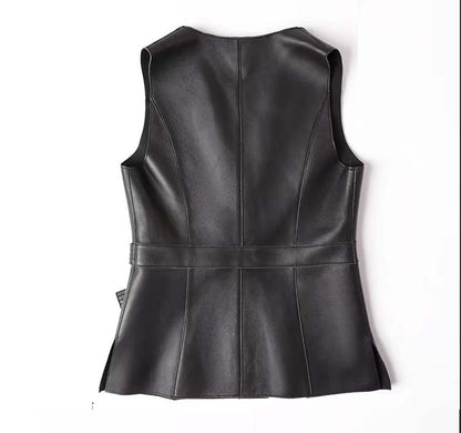 Women leather Vest with Belt Slim Waist Biker Style
