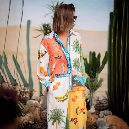 Printed macaron linen long sleeve two piece set