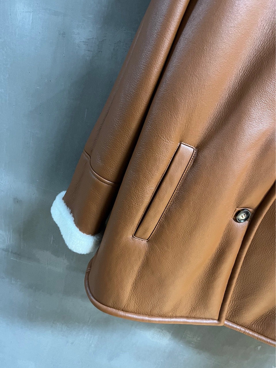 Women’s Mid-Length Shearling Leather Coat with Merino Fur Collar