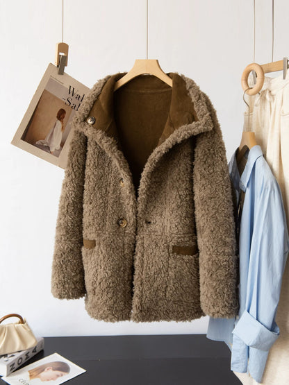 Women's Wool Coat Reversible Brown Suede-Look Winter Jacket