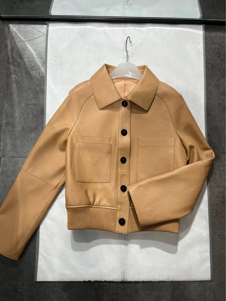 Women Genuine Cropped Leather Bomber Jacket