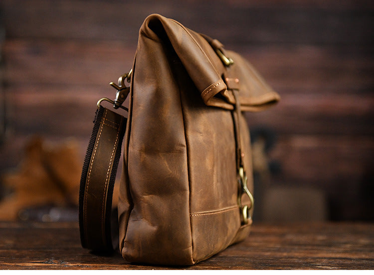 Men’s Crazy Horse Cowhide Leather Motorcycle Messenger Bag