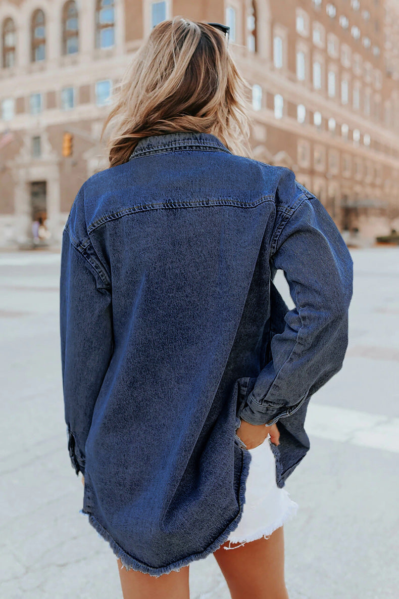 Street Style Dark Blue Oversized Denim Shirt Jacket