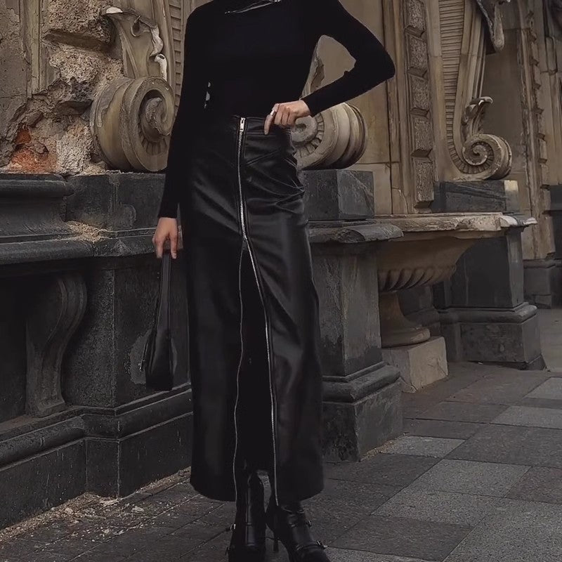 Black Leather Pencil Skirt with High Slit