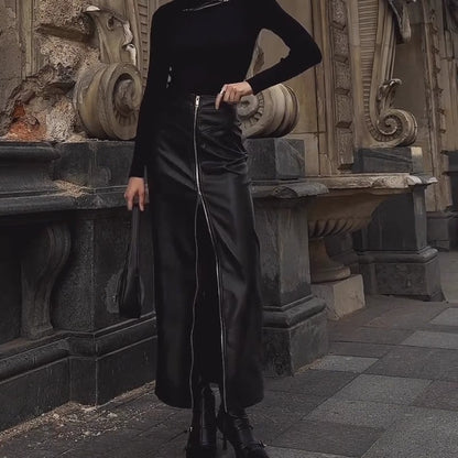 Black Leather Pencil Skirt with High Slit