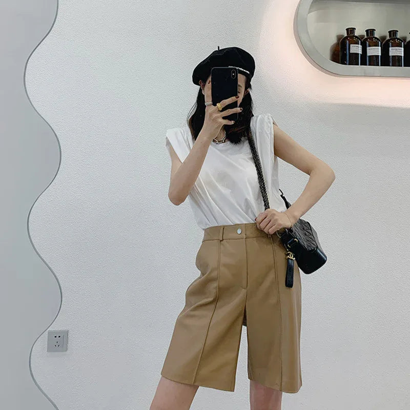 Women high waisted leather shorts