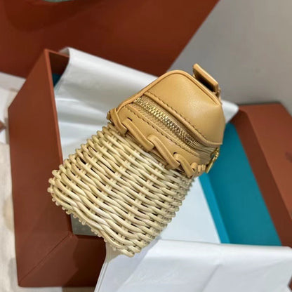 Handwoven Rattan and Leather Crossbody Summer Bag