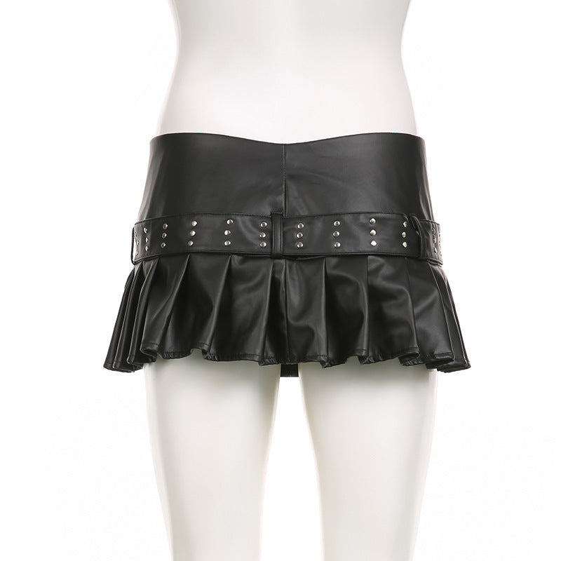 Imitation Leather Belted Mini Skirt
