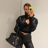 Cropped Faux Leather Bomber Jacket for Women