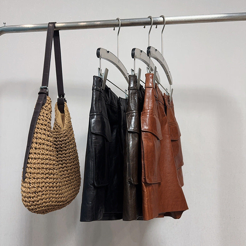 High Waisted Black Genuine Leather Shorts with Front Pockets