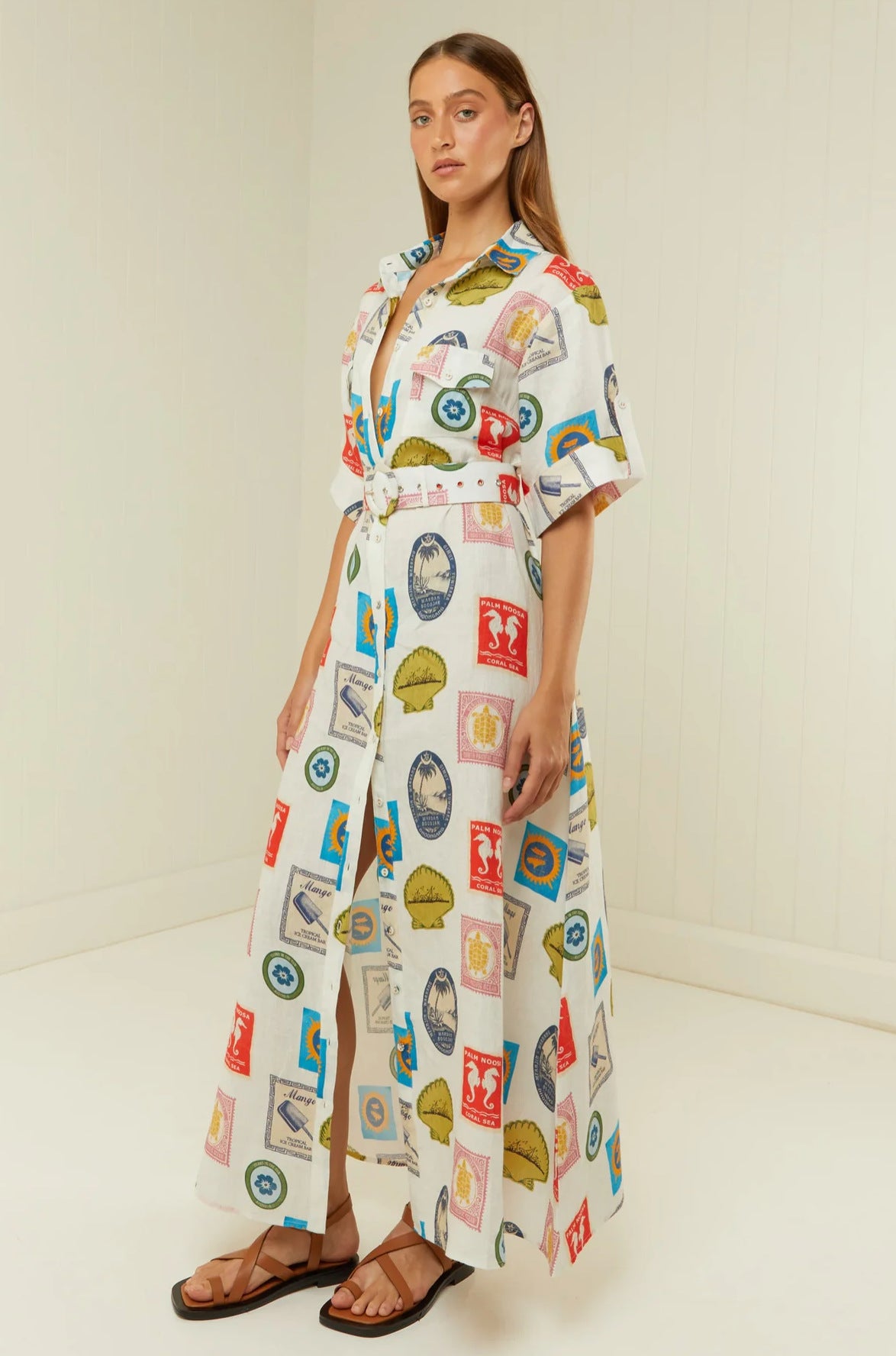 Women’s Linen Long Shirt Dress with Belt Summer Dress