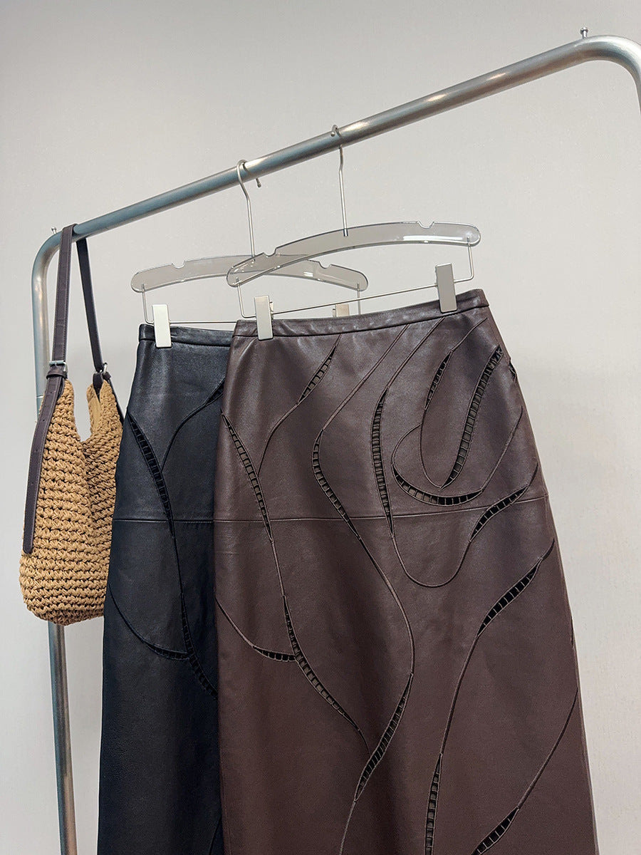 Women’s Leather Maxi Skirt with Embroidered Hollow Detailing