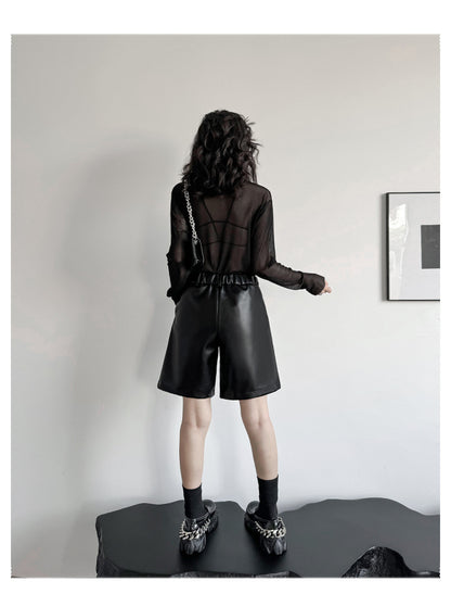 Black PU Leather Bermuda Shorts High Waisted