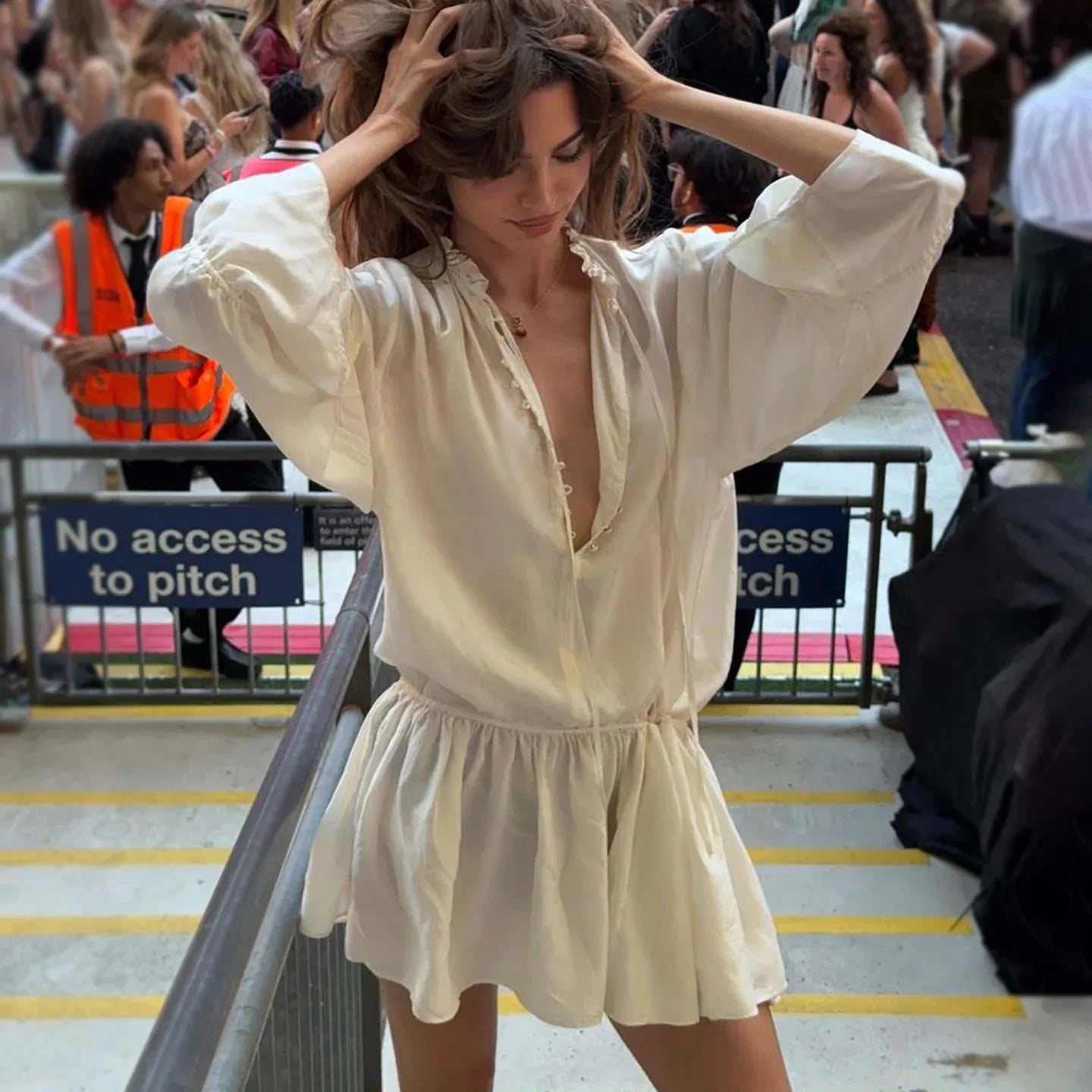 French tie front woven mini dress