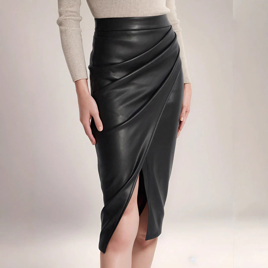 High Waisted PU Leather Wrap Skirt with Slit