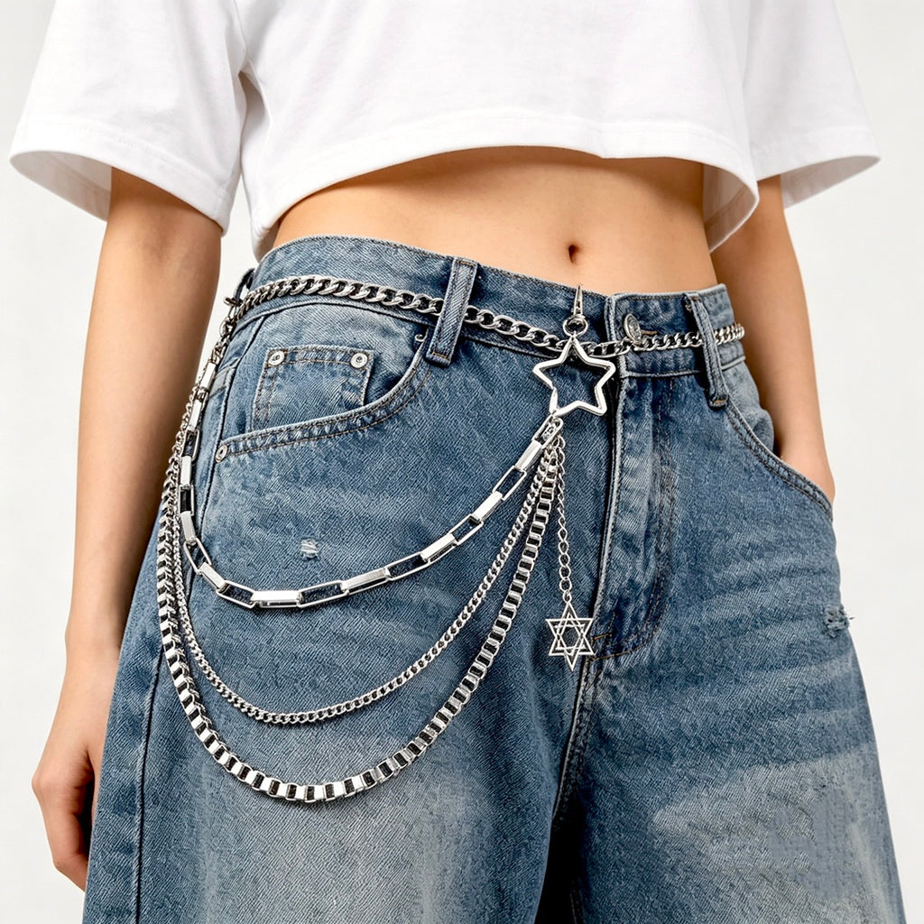 Women’s Layered Silver Pants Chain with Star Charms