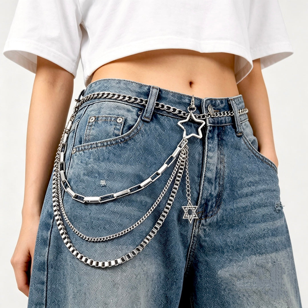 Women’s Layered Silver Pants Chain with Star Charms