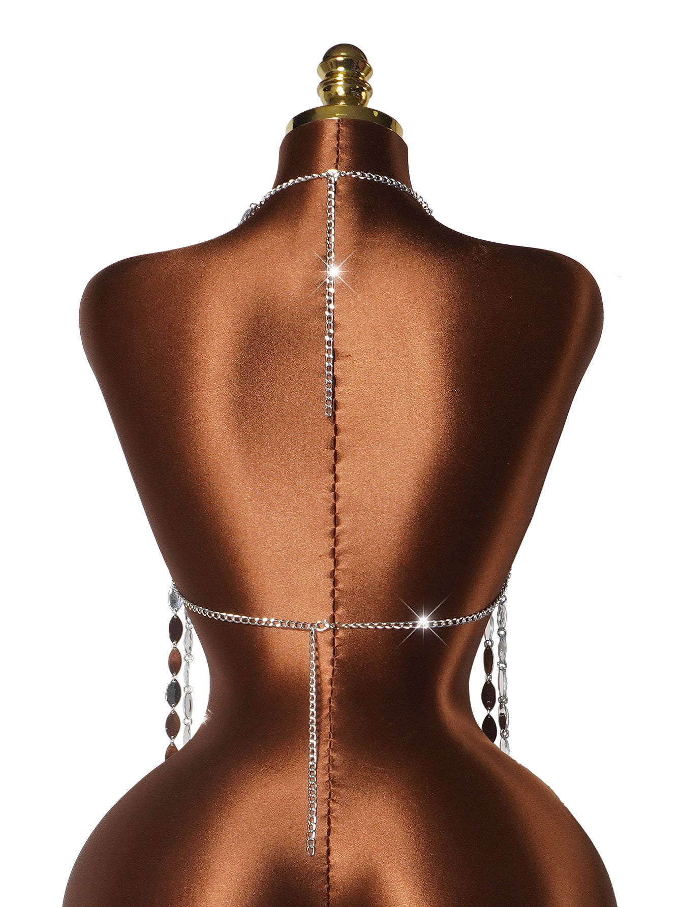 Silver Rhinestone Bra Chain Top with Layered Drapes